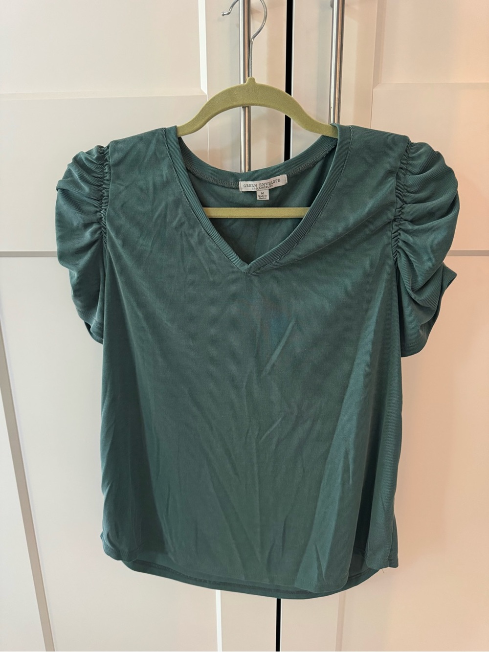 Green Envelope Teal V-Neck Puff Sleeve Top